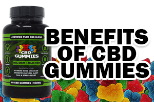 Graphic says "Benefits of CBD Gummies" in bold text next to a bottle of Hemp Bombs CBD Gummies. Multiple gummies are positioned next to the bottle.