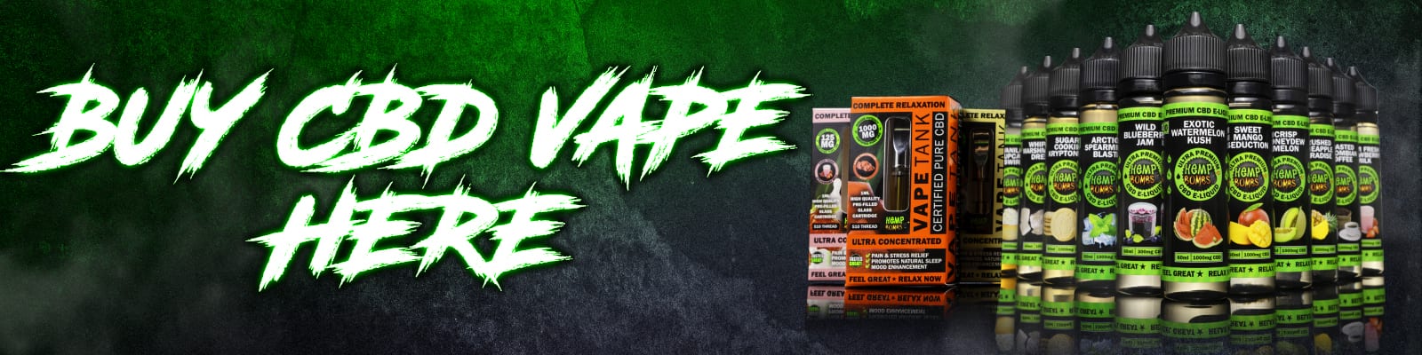 buy cbd vape here banner hemp bombs several bottles of cbd vape oil next to text that says, "buy cbd vape here"
