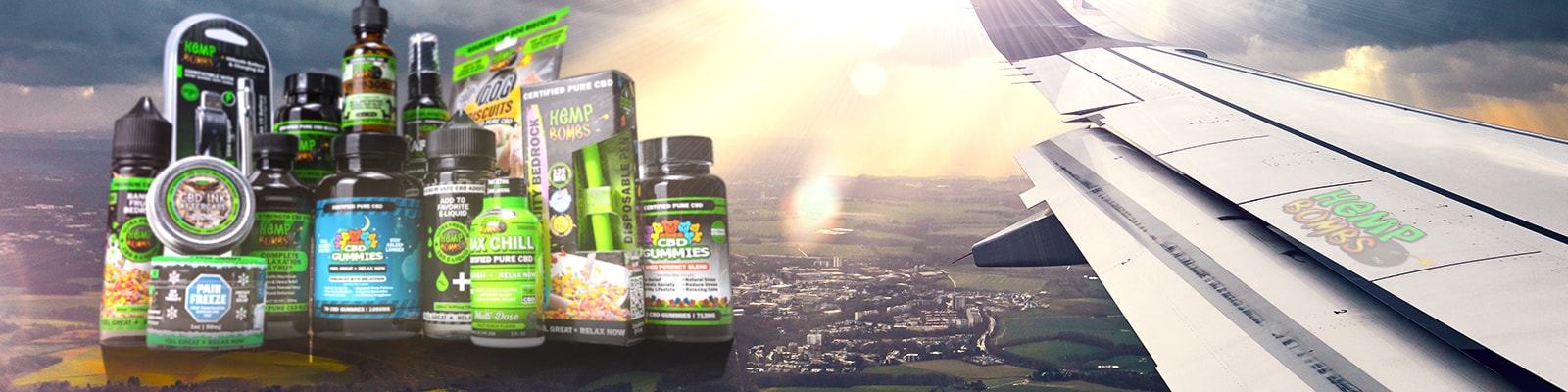Overcoming flight anxiety Hemp Bombs products next to an airplane; overcoming flight anxiety by flying with CBD Oil